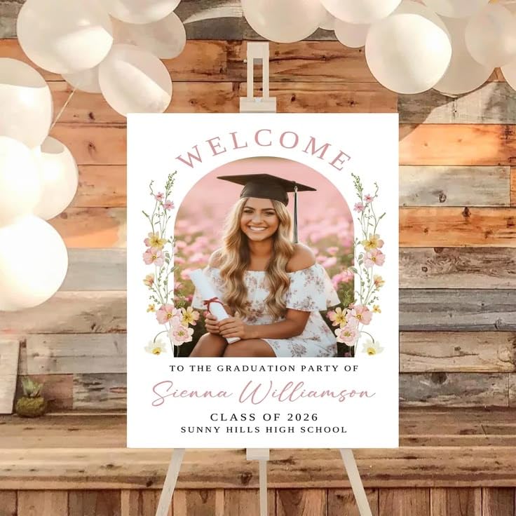 Spring Graduation Party Welcome Sign with Photo: Floral Grad
