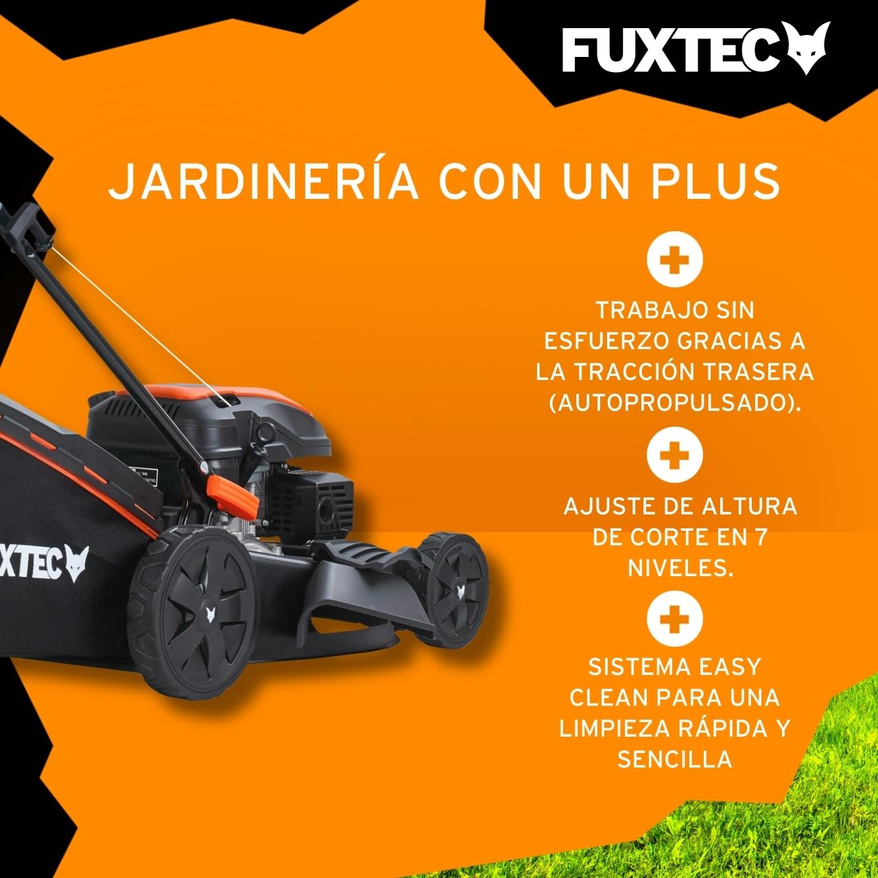 Cortacésped autopulsado de Gasolina FUXTEC FX-RM5170 4 en 1-170 cm³ 4 CV, 4 Tiempo, 51 cm de Ancho de Corte con regulación en 7 Alturas y 60 L de depósito, Funciones Mulching y Eje Lateral