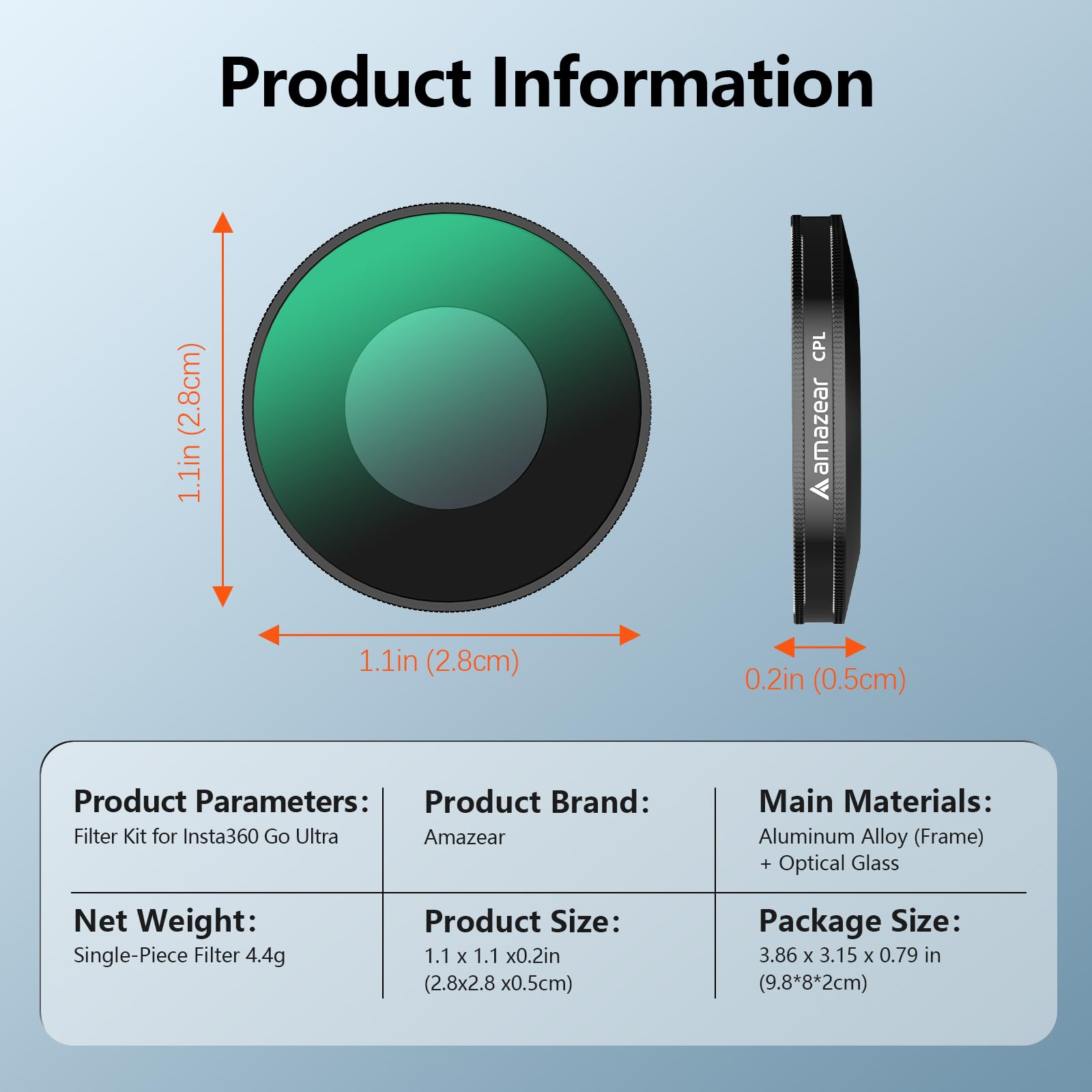 AMAZEAR ND & CPL Filter Set für Insta360 Go Ultra, Insta 360 Go Ultra Zubehör - ND8+ND16+ND32+CPL Objektiv Filter Kit | 4er Pack | Optisches Glas | HD | Ölabweisend | Einfach zu Montieren
