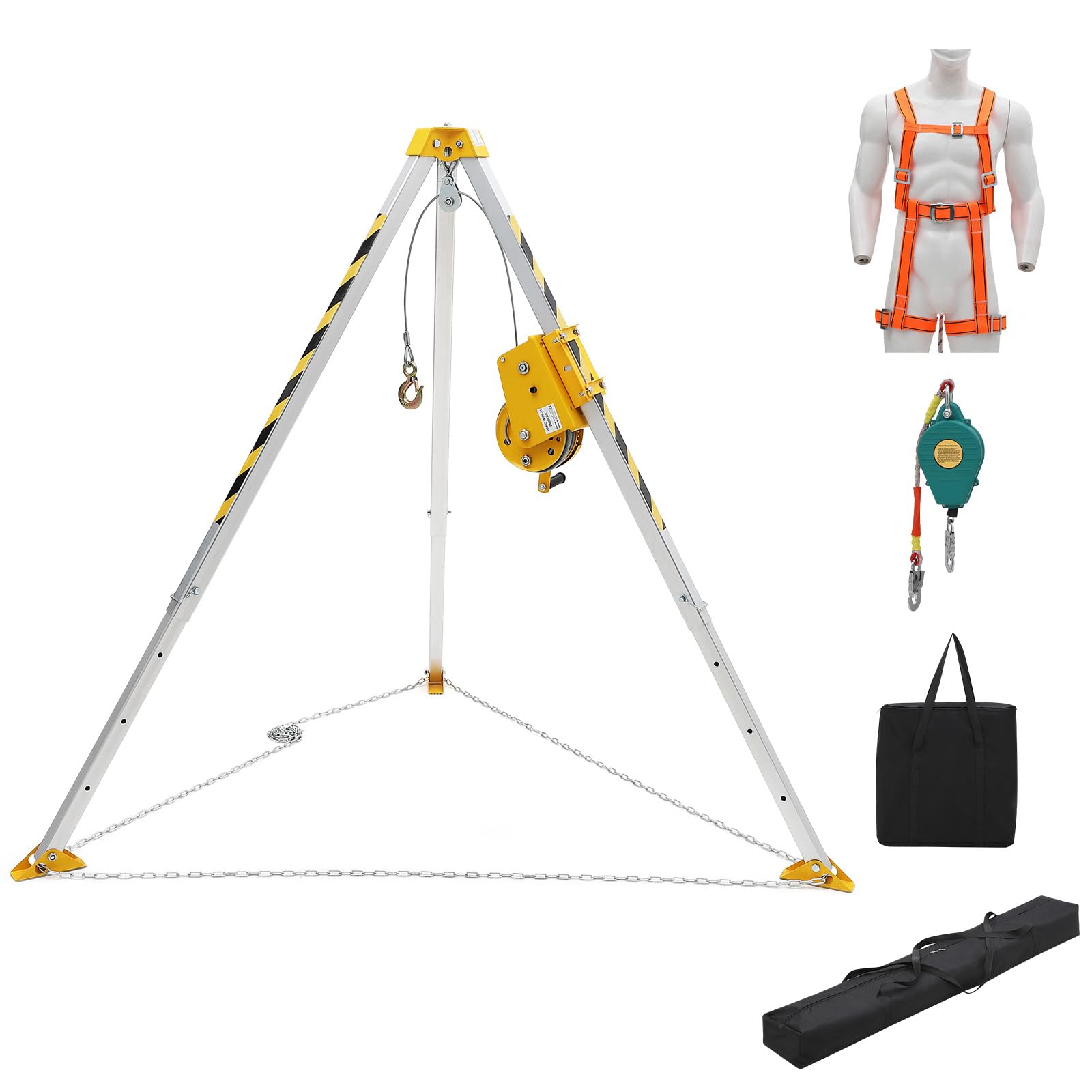 GarveeTech Confined Space Tripod Kit, 2600 Lbs Winch, 8' Legs & 98' Cable, Steel Confined Space Rescue Tripod with 33' Fall Protection, Harness,