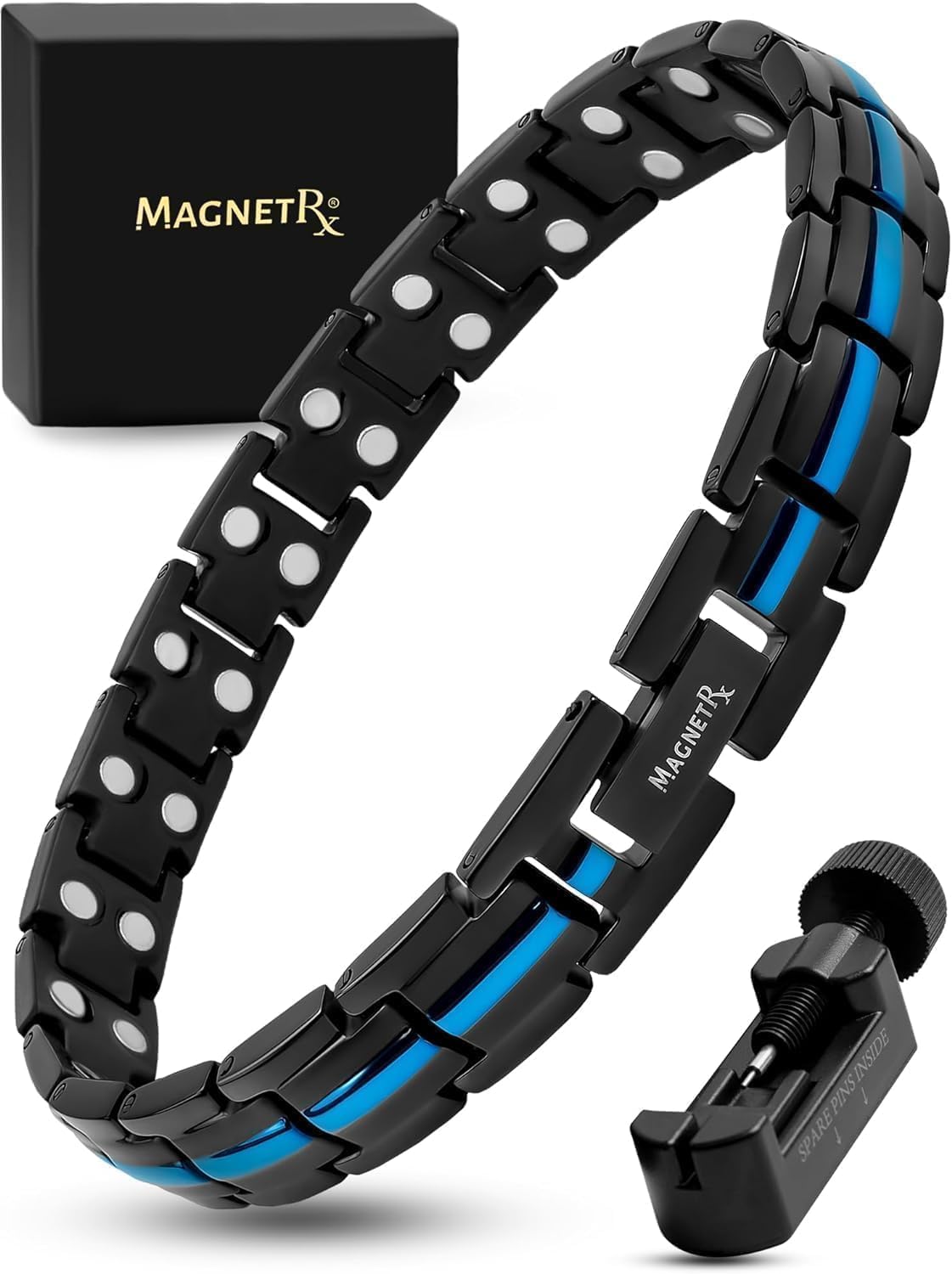 MagnetRX® Thin Blue Line Bracelet for Women - Ultra Strength Magnetic Titanium Bracelets - Adjustable Length & Sizing Tool - Police Support Black and Blue Bracelet (Blue Line)