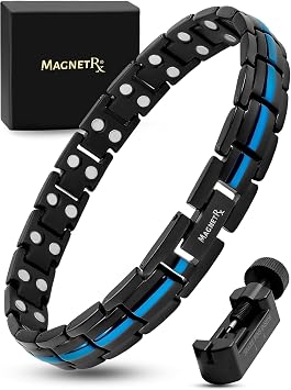 MagnetRX Thin Blue Line Bracelet for Women - Ultra Strength Magnetic Titanium Bracelets - Adjustable Length & Sizing Tool - Police Support Black and Blue Bracelet Blue Line