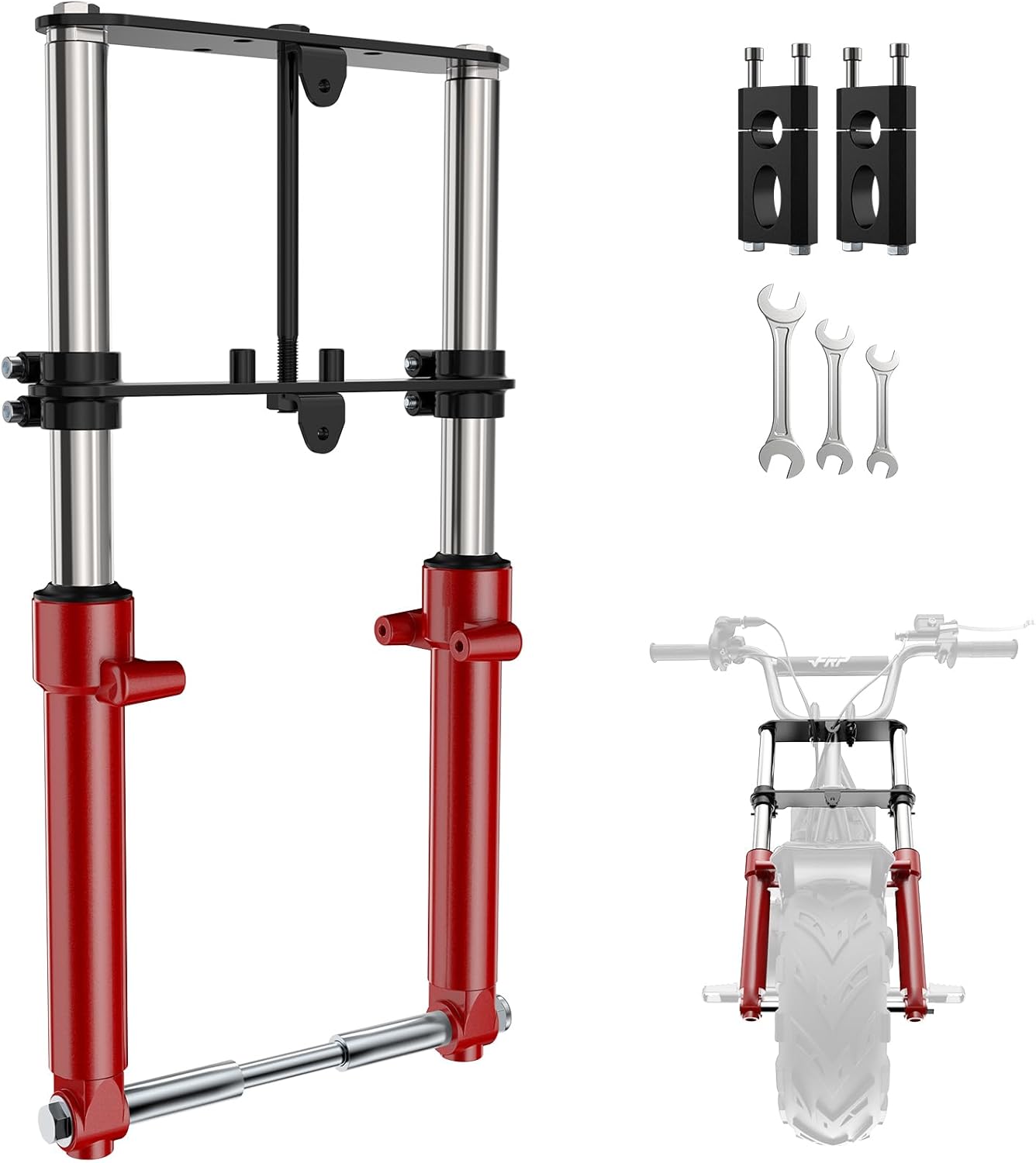 Universal Mini Bike Front Suspension Fork Kit - Compatible with Coleman CT100U, Mega Moto, Motovox, Baja DB30, 80cc 105cc Models, Easy Fit with Modification Guide, 10-Yr Warranty, with Clamps, Red