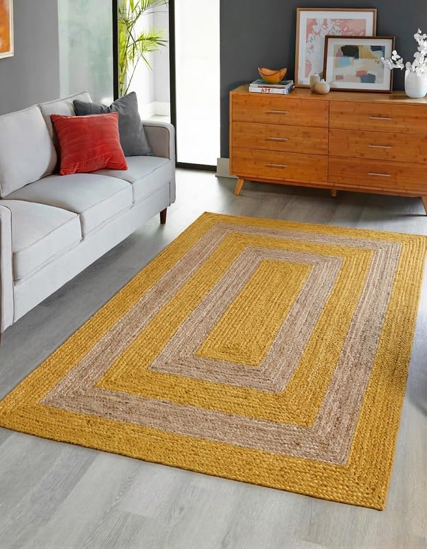 Tapis de sol en jute naturelle fait main Jaune/beige 2,1 x 3,4 m
