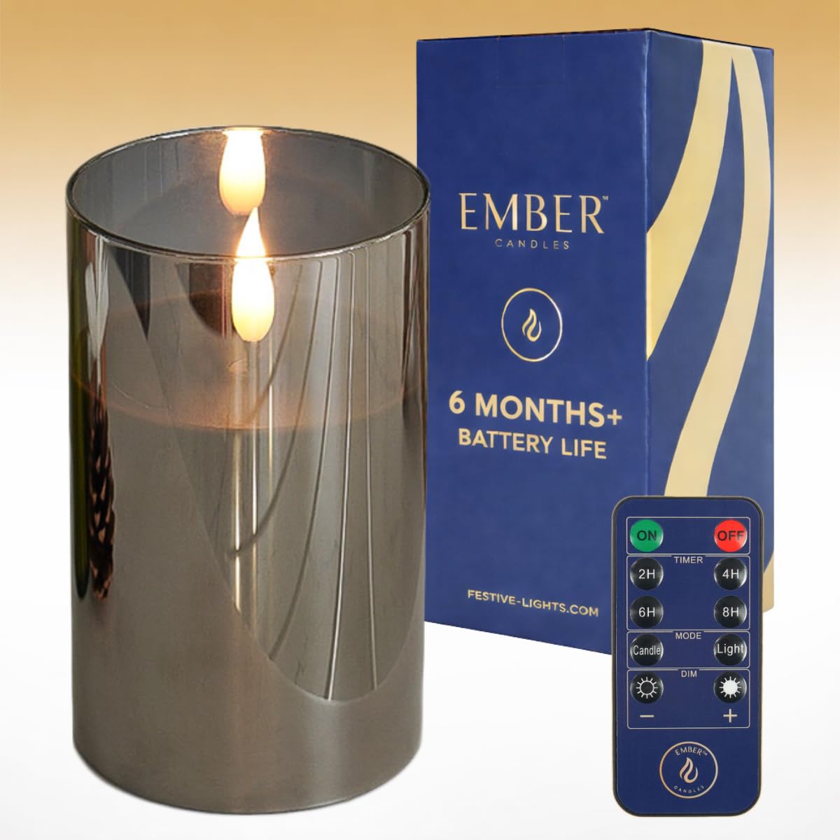 Ember Candlesβ’ 12.5cm Hurricane Smoked Glass Black LED Flickering Battery Candle β 100% Real Wax, Ultra-Realistic, Flameless, Hand-Poured Design, 6-Hour Timer for Indoor Use (with Remote Control)
