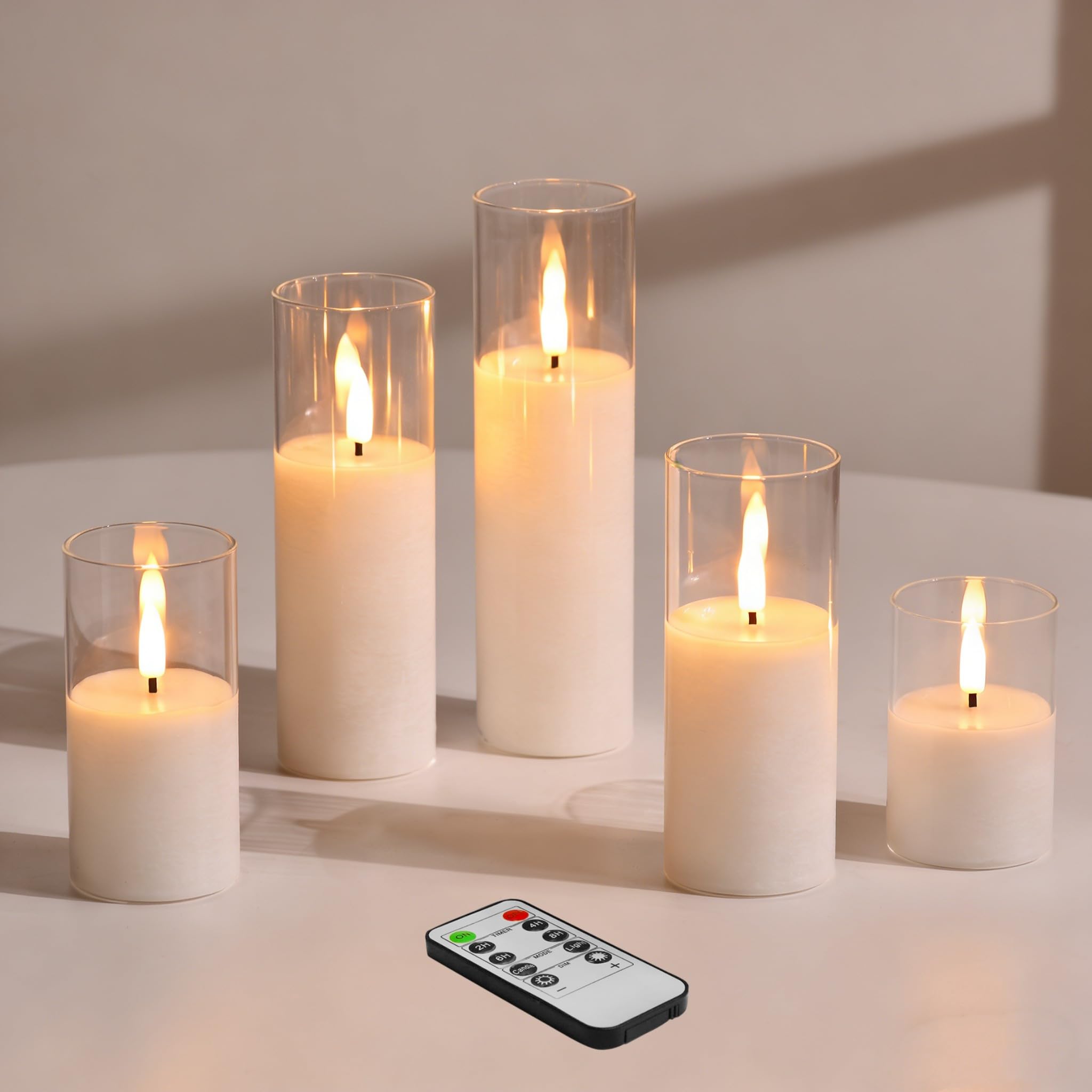 Eywamage Clear Glass Flameless LED Candles with Remote, Flickering Slim Tall Battery Operated Pillar Candles Set of 5