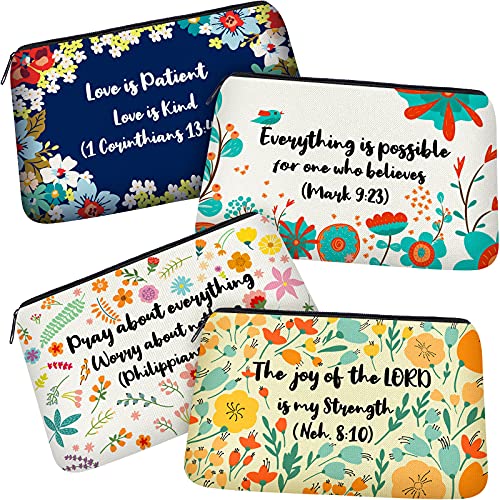 4 Pieces Inspirational Bible Verse Pencil Pouch Christian Pencil Case Scripture Canvas Makeup Bags for Students Office Journaling Supplies (Bible Verse Pattern,8.7 x 5.5 Inch)