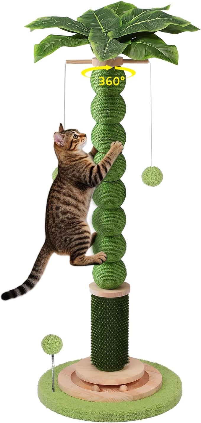 41'' Tall Cat Scratching Post,3.8'' Diameter Sisal Rope Scratcher Ball with Wood Interactive Ball Toy for Indoor Large Cats,Scratcher with 360° Rotating Hanging Ball,Self Groomer Brush for All Cats