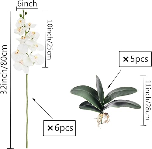 Miniatura 2 de FagusHome 6 piezas de flores artificiales Phalaenopsis con 5 paquetes de hojas de orquídea artificial, plantas tallo para decoración del hogar