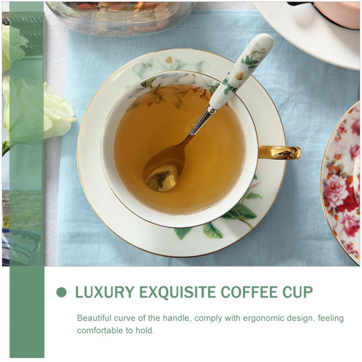 BESTOYARD Juego de Taza de Café de Cerámica Platillo y Cuchara, Diseño Europeo Borde Dorado, Fácil de Limpiar y Uso Prolongado para Té y Café