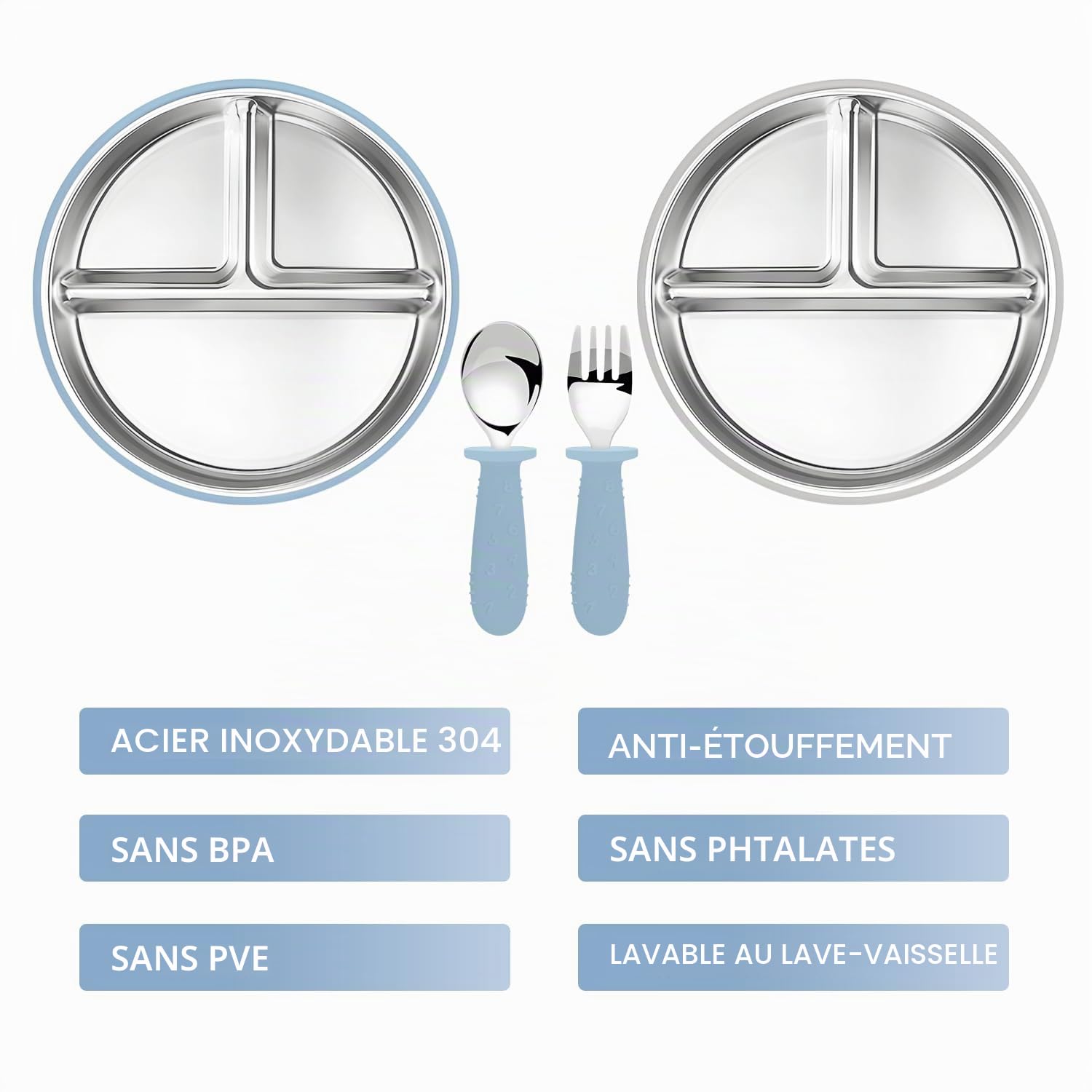 Set De 2 Assiettes En Acier Inoxydable Avec Ventouse Pour Bébé Et set De 1 Cuillères Et Fourchettes, Repas Antidérapant pour Bébé, non toxique et sans BPA