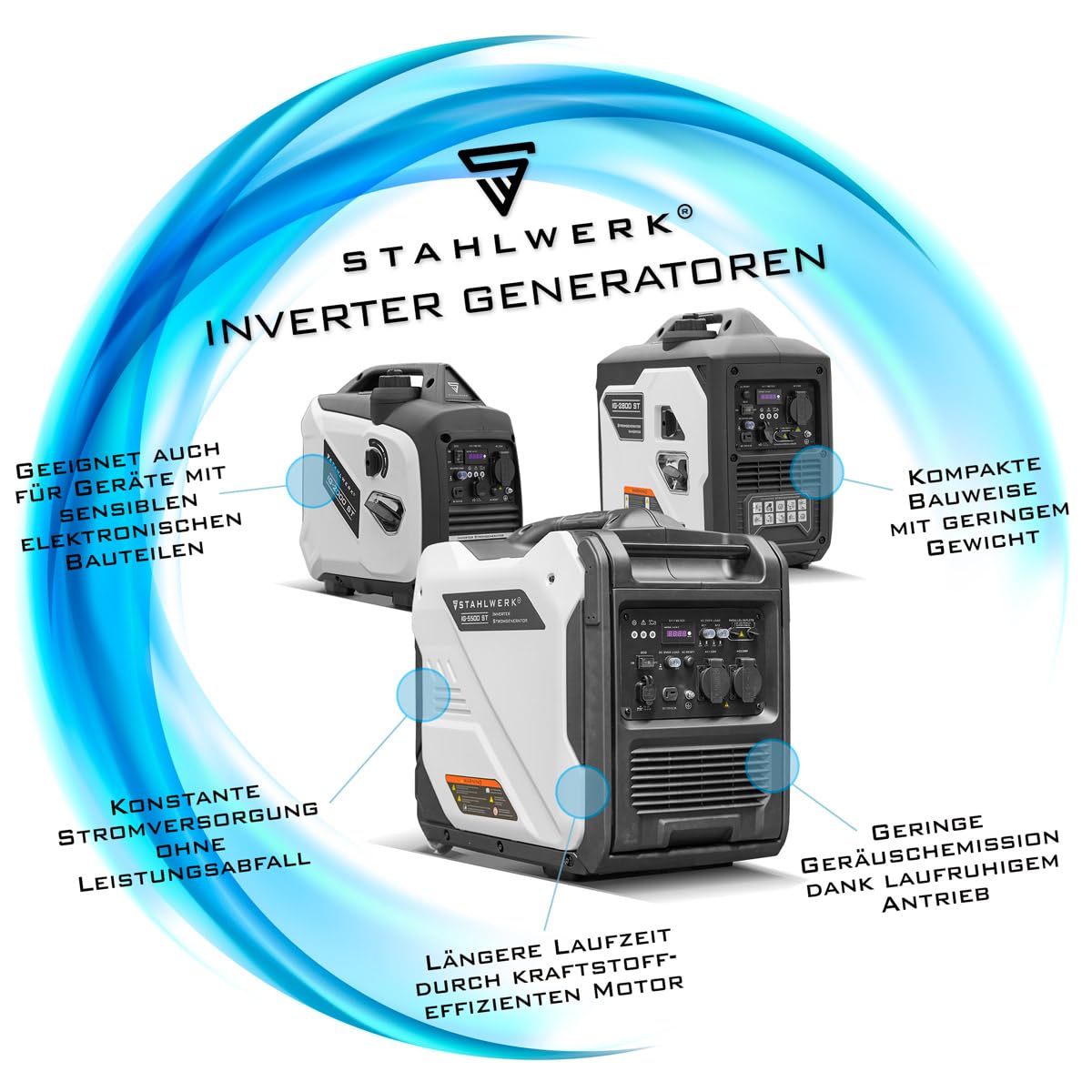STAHLWERK Generador de gasolina IG-3500 ST de 3,5 kW / 4,76 PS, generador de corriente con inversor, generador eléctrico, grupo electrógeno de emergencia con mando a distancia y arranque eléctrico