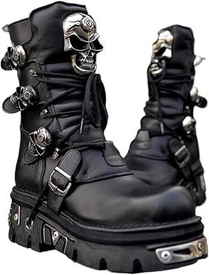 Fashion Men Leather Motorcycle Boots, Winter Street Riding Punk Ankle Boots, Buckle Mid Calf Work Shoes