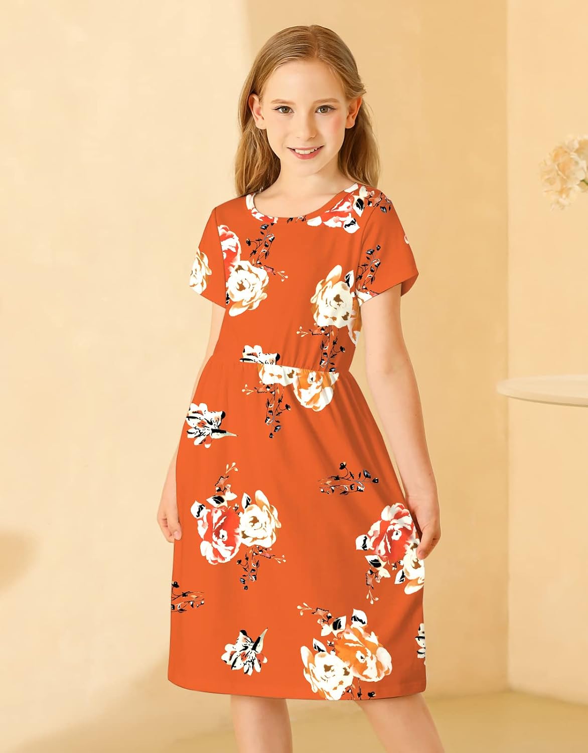 KYMIDY Girls Short Sleeve Floral Dress Kids Boho Casual Twirly Skater Dress with Pockets for Girls 6-13 Years - Image 4