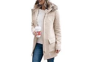 Womens Mid-Length Pea Coat with Faux Fur Hood