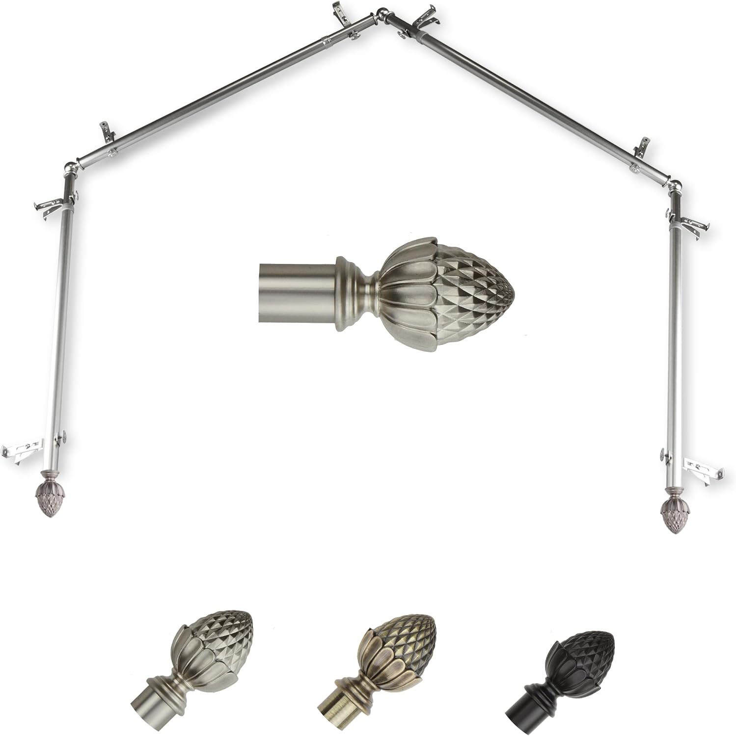 Rod Desyne 13/16" Acorn 4-Sided Bay Window Curtain Rod (28-48 inch each side) - Satin Nickel
