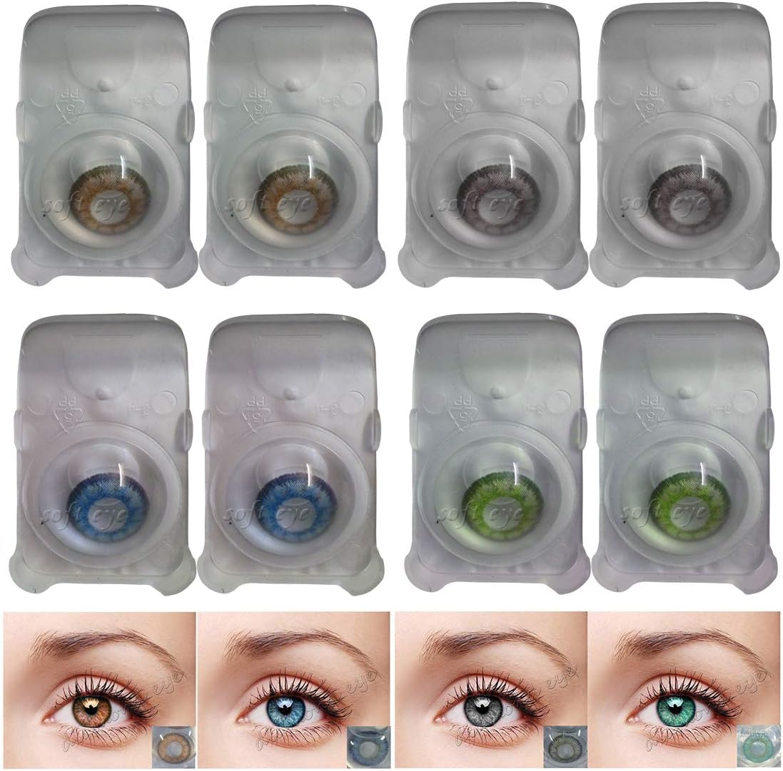 Diamond Eye Monthly Disposable Colored Lenses with Case & Solution (Grey, Brown, Turquoise & Blue, Pack of 4) | Zero Power Lenses Only