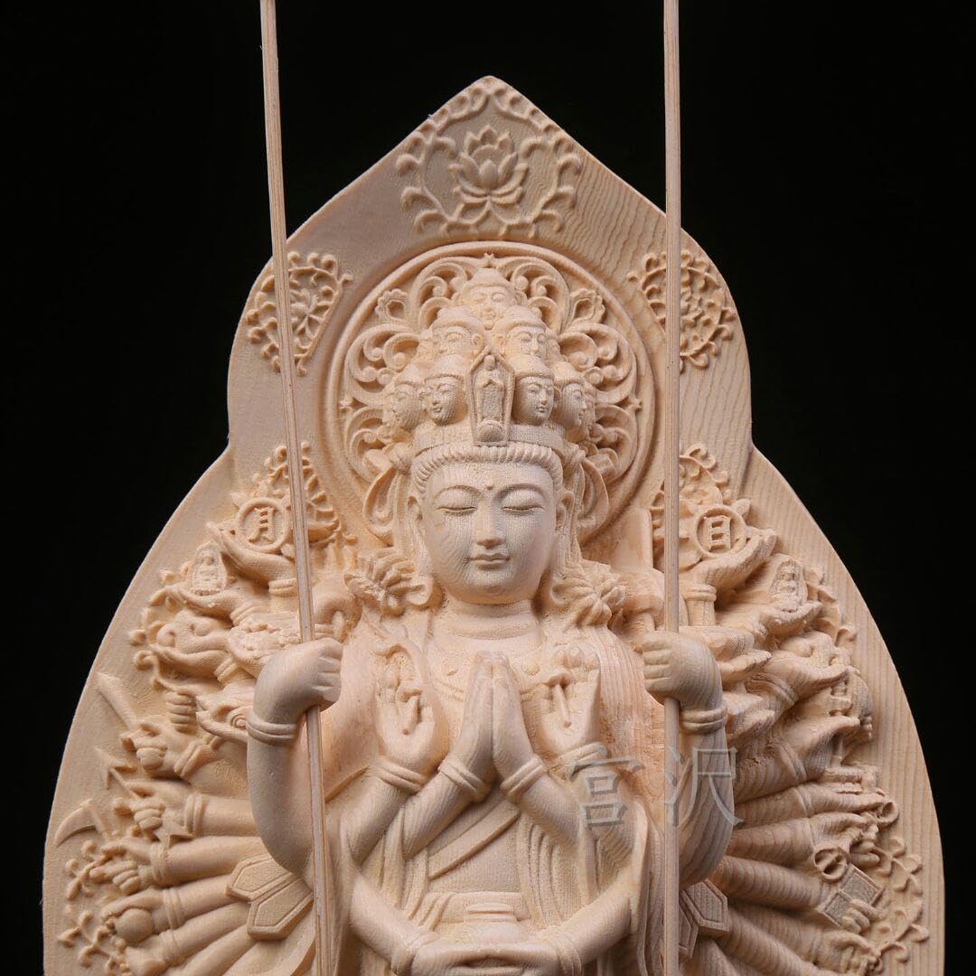 Amazon｜仏教美術品 供養品 千手觀音菩薩 高さ31cm 災難除去 木彫仏像 
