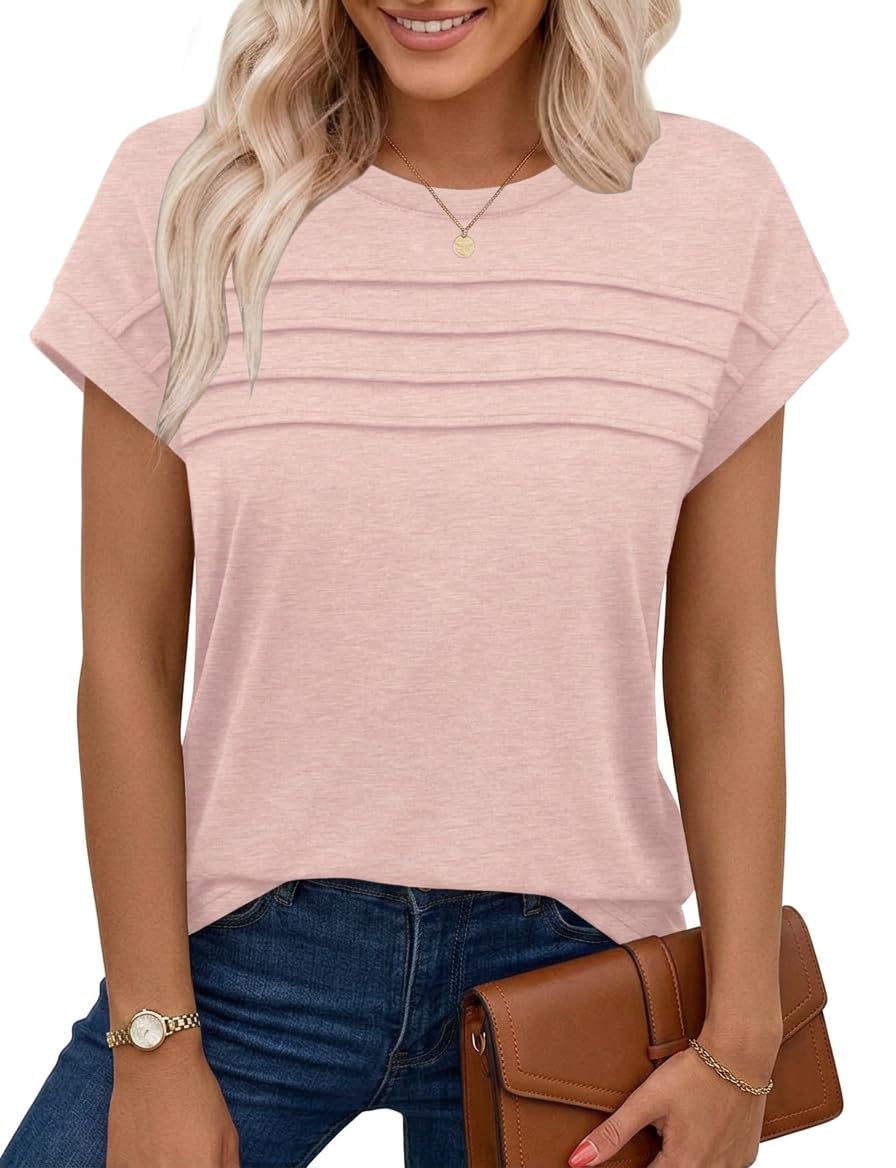 Chicrise Women's Light Pink Tank Tops Summer Crew Neck Pleated Tshirts Batwing Plain Blouses Cap Sleeve Fashion Large 16-18