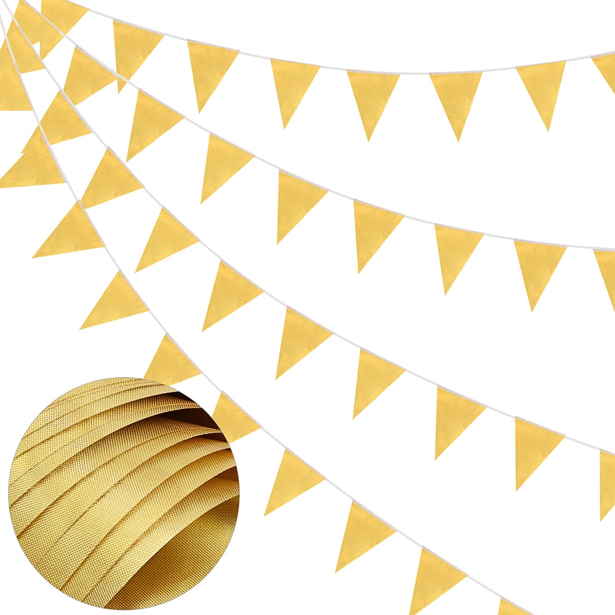 Gold Fabric Bunting, 66 Feet Banners with 52 Waterproof Reusable Triangle Flags for Mother's Day, Birthday, Wedding, Home, Outdoor Party Decoration