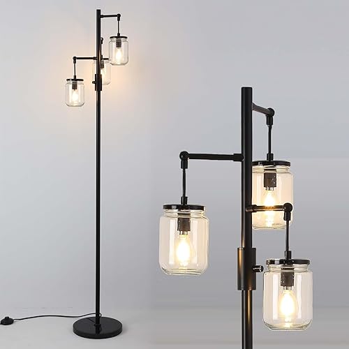 ShuideHua Lámpara de pie regulable, lámpara de pie industrial, lámpara de árbol negro, lámpara alta con 3 elegantes pantallas de vidrio y bombillas