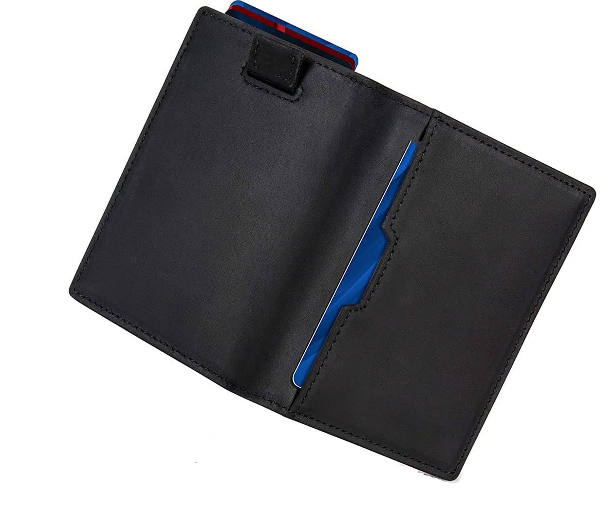 Contacts Wallets for Men Slim Mens Genuine Leather RFID Blocking Minimalist Card Front Pocket Bifold Card Holder Wallet with Smart Pull Strap | Folded Currency Slot (Black)