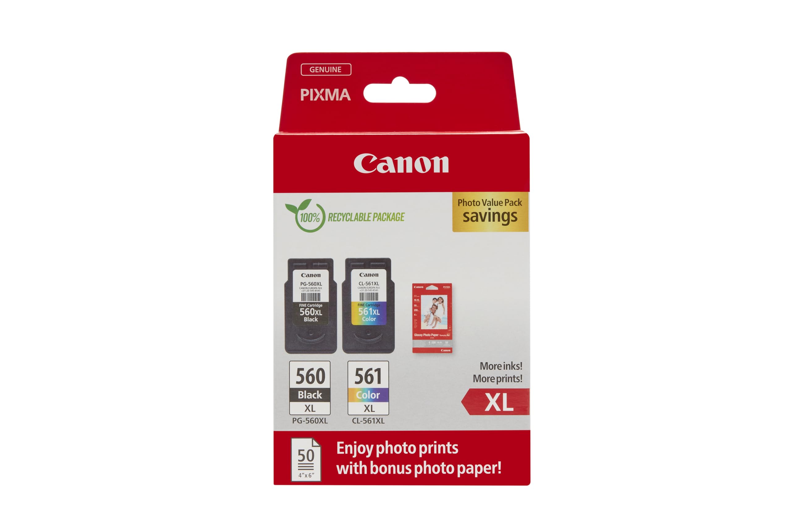 Canon Ink & Paper Multipack - PG-560XL/CL-561XL Genuine Printer Ink Cartridges 2 Pack (1 x Black XL, 1 x Colour XL) & 4x6 Photo Paper (50 x Sheets) - Compatible with PIXMA TS series
