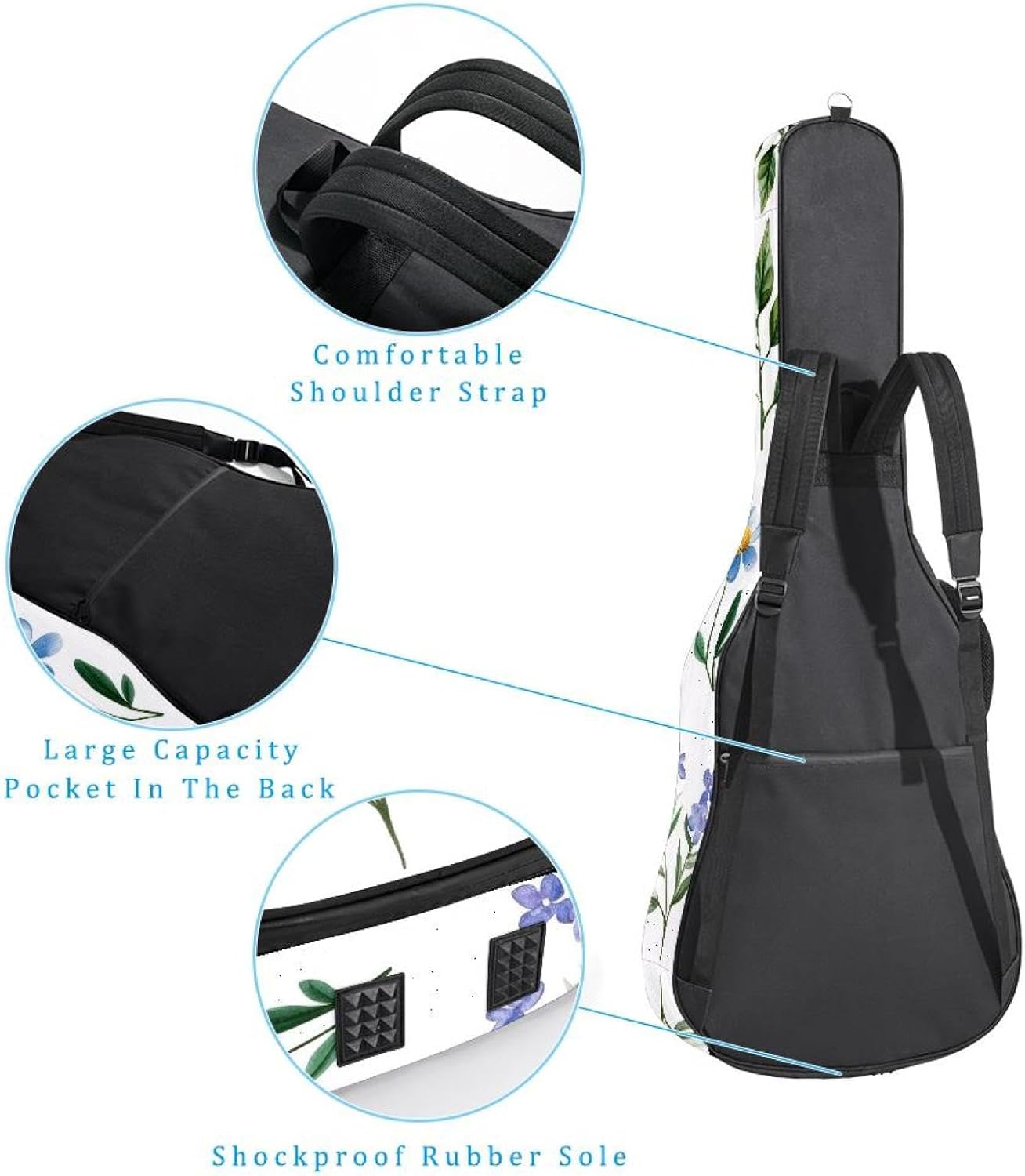 Acoustic Guitar Gig Bag 10mm Thick Padding, Soft Waterproof Guitar Case with Adjustable Backpack Straps for 40-42 Inch Guitar, Set of Watercolor Floral and Leaf Collection
