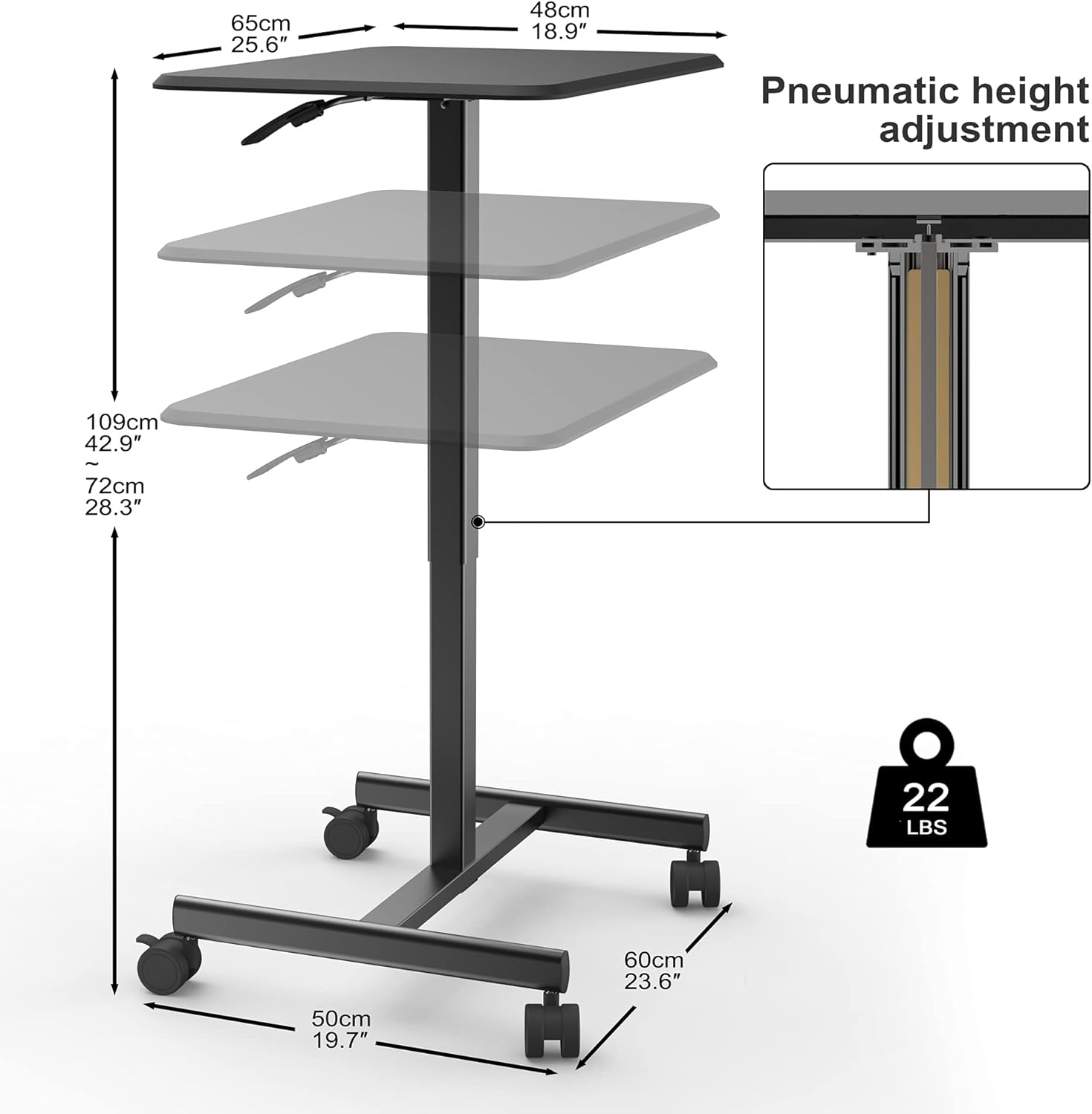 Height Adjustable Mobile Desk 25.6", Rolling Portable Standing Desk with 4 Movable Wheels and Lift Mechanism, Home Office Computer Workstation, Ergonomic