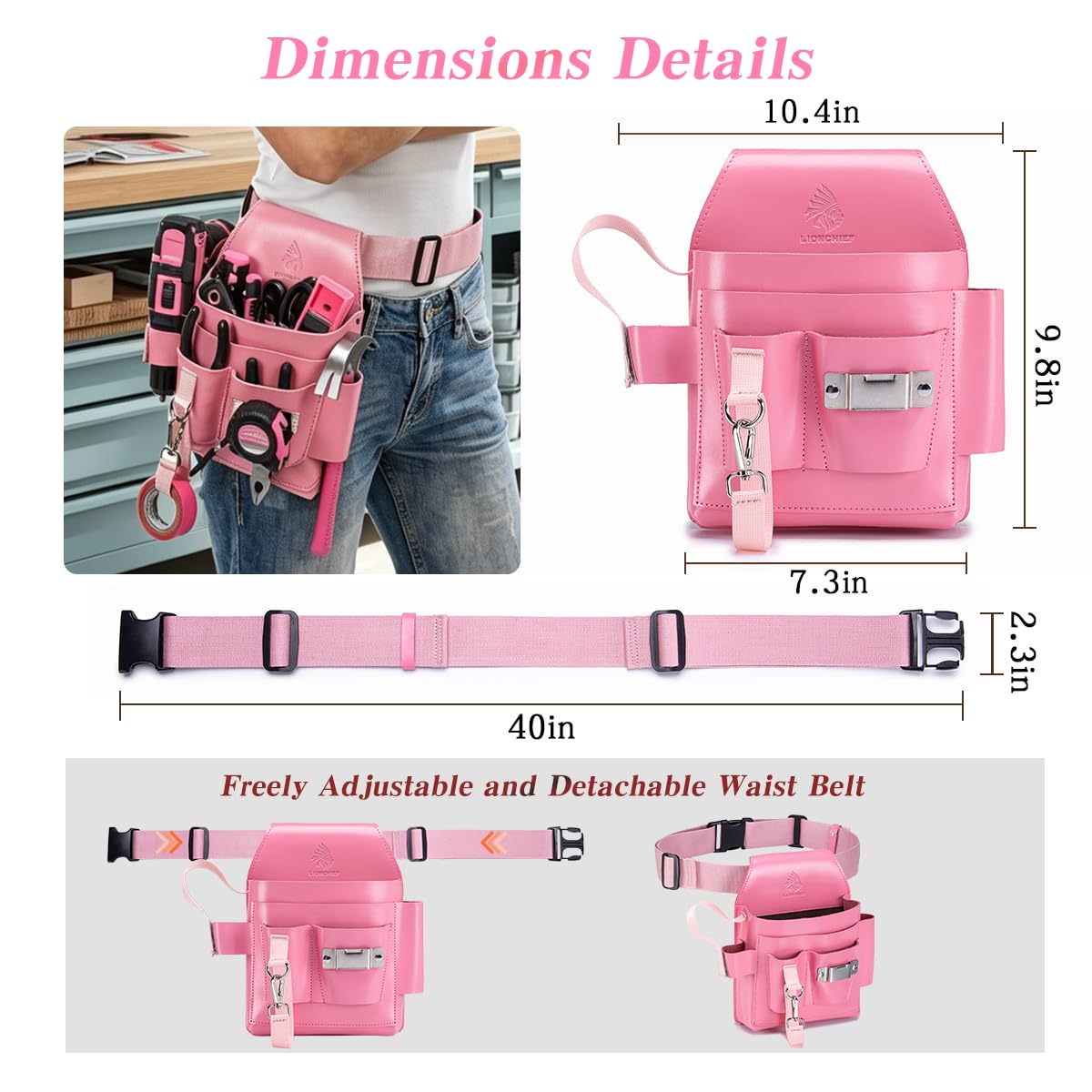 Cintura porta attrezzi da elettricista in vera pelle, grande, regolabile, con tasche multiple, per elettricisti, rosa