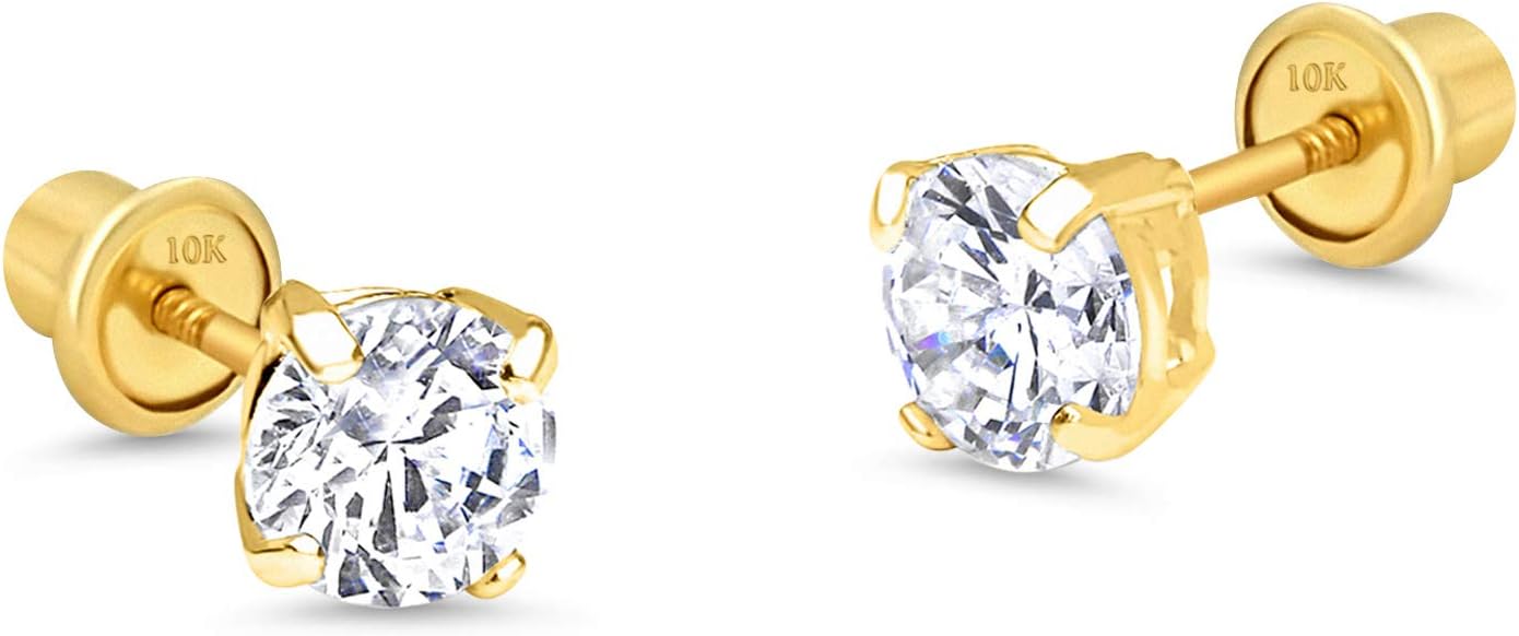 10k Yellow Gold Basket Round CZ Cubic Zirconia Solitaire Children Stud Screwback Baby Girls Earrings