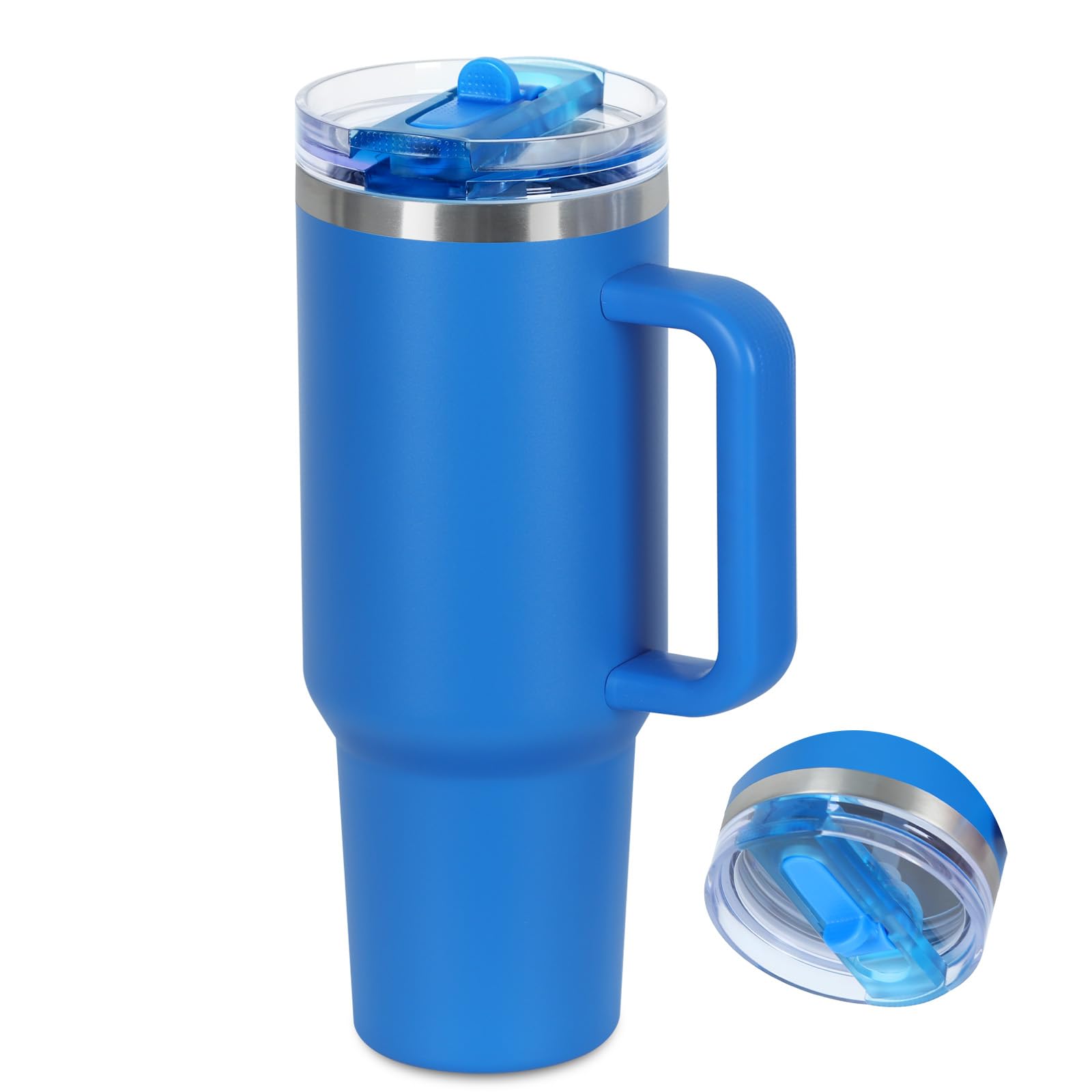 40 Oz Flip Straw Tumbler with Handle, Stainless Steel Double Wall Vacuum Insulated Cup with Flip Top Leak-proof lid, Sapphire Blue