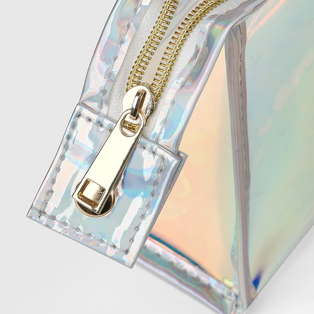 Laser PVC Cosmetic Bag Holographic Iridescent Makeup Bag Travel Toiletry Pouch Colorful Cosmetic Organizer Pouch with Zipper for Girls Teens Bridesmaids Purple image 2