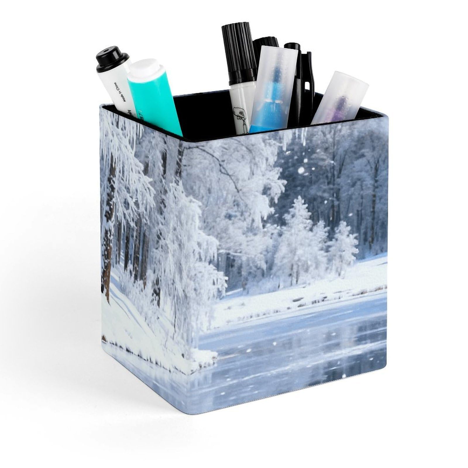 DWVTSLH Aesthetic Pen Holder for Desk - Modern Leather Pencil Holder - Stylish Square Makeup Brush Holder - Snow Forest Cabin Pen Cup Cute And Functional Desk Organizer for Office Supplies