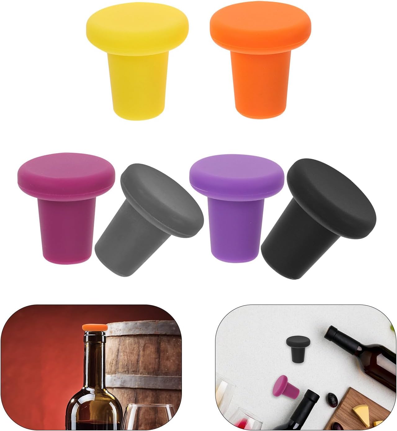 6pcs Silicone Wine Stoppers Set, Reusable Leakproof Beverage Bottle Plugs with Multi-color Seal, Food-grade Silicone Wine Bottle Sealers for Home Bar and Party Use
