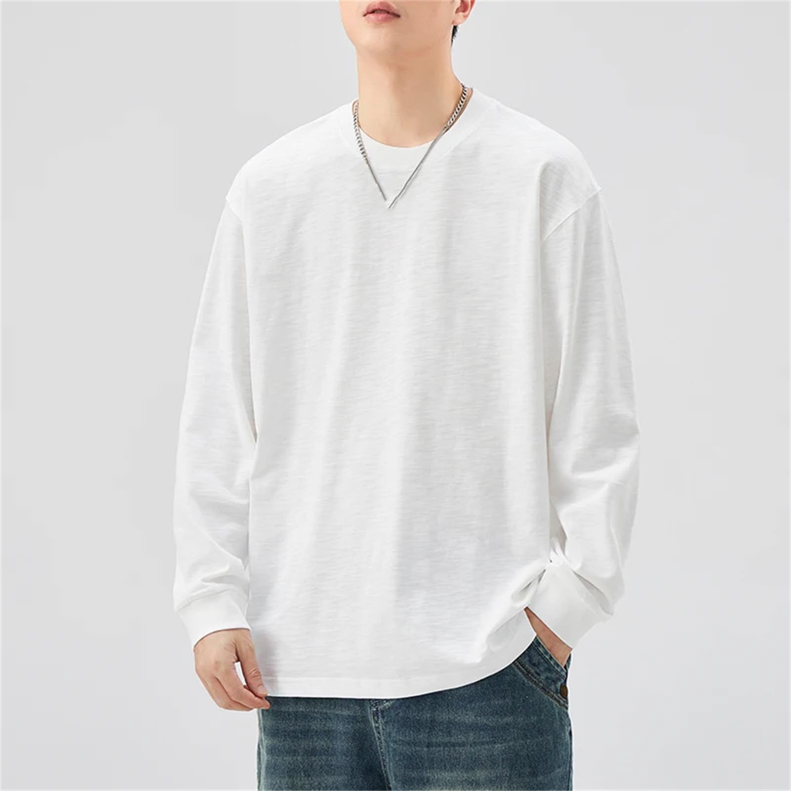 Maglietta da uomo in cotone fiammato pesante, a maniche lunghe, girocollo, ricamato, oversize, casual