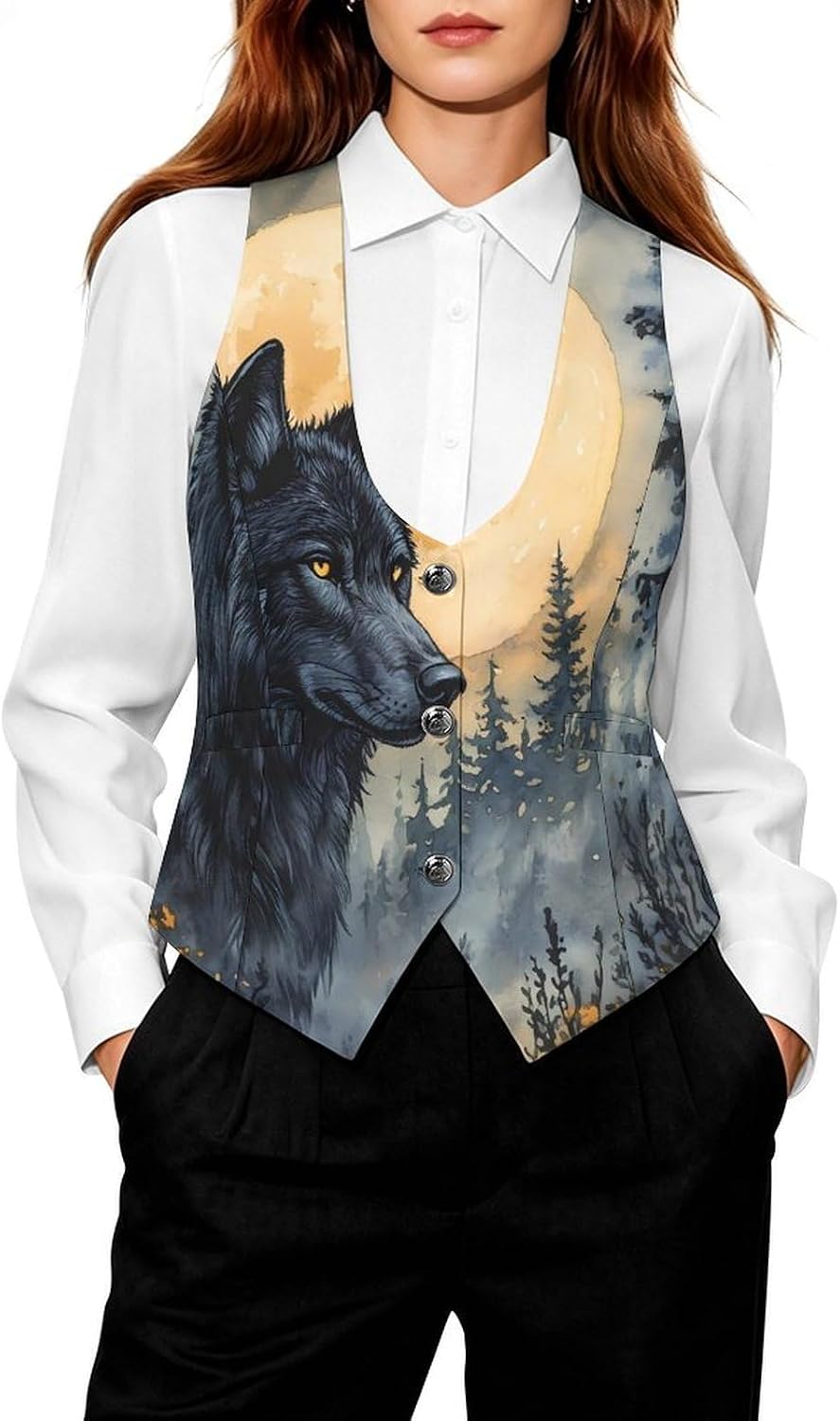 Black Wolf Full Moon Women's Tuxedo Waistcoat Suit Vest | 3 Button V-Neck Slim Fit Casual Sleeveless Top