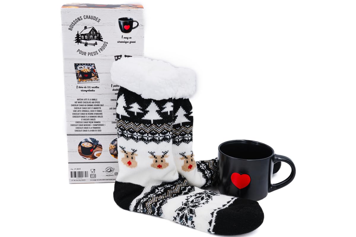 Boissons chaudes pour pieds froids Rennes black: Coffret avec 1 paire de chaussettes doublées en polaire et antidérapantes, 1 mug en céramique gravé, 1 livre de 22 recettes réconfortantes
