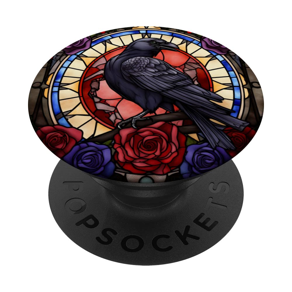 Raven Stained Glass Art Roses Flower Crow PopSockets Standard PopGrip