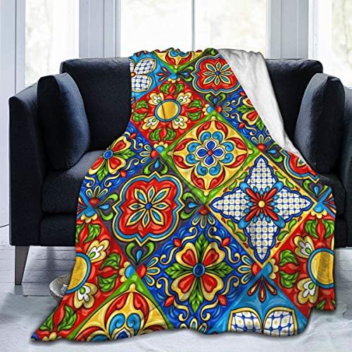 Flannel Fleece Throw Blanket,Mexican Talavera Ceramic Tile Pattern. Ethnic Folk Ornament. Italian Pottery Personalised Soft Warm Fuzzy Lightweight Couch Sofa Bed for Adult Kids 50" x40