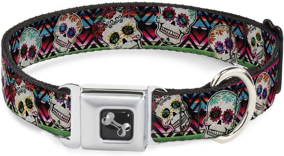 Dog Collar Seatbelt Buckle Sugar Skulls Zarape Multi Color 11 to 17 Inches 1.0 Inch Wide, DC-W34561-M