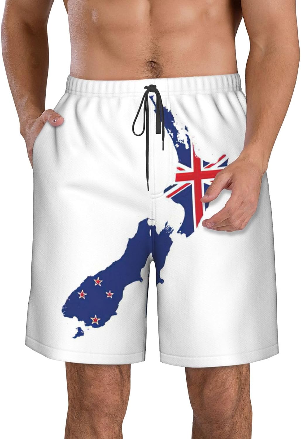 Mens New Zealand Flag Map Print Beach Shorts,Casual Summer Shorts for Men,Quick Dry Polyester