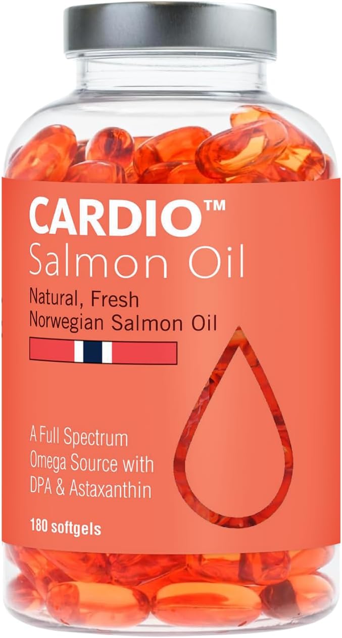 Cardio Omega 3 Fish Oil - 1000mg, Norwegian Salmon Oil with EPA, DHA, DPA & Astaxanthin, No Fishy Aftertaste, Fatty Acids Supplement, 3 Month Supply - 180 Capsules