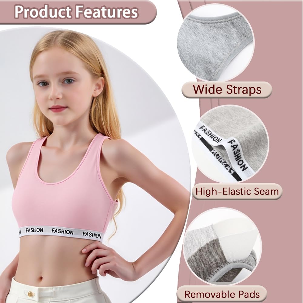 5 Pack Girls'Cotton Sports Bra with Light Pads Wireless Underwear Vest-Style Bra for Teens 10-16 Years