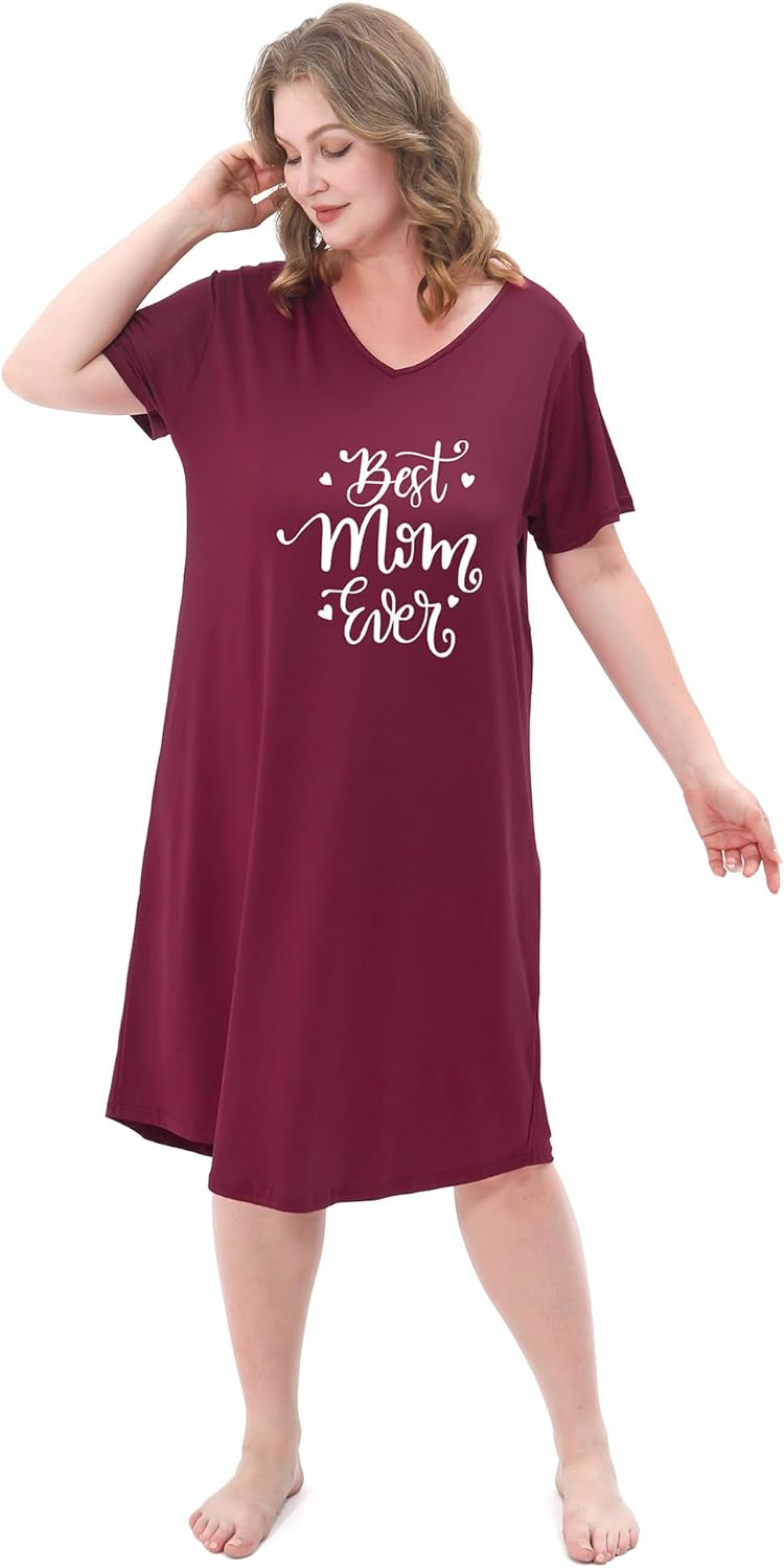 2 Pack Plus Size Nightgown for Women Casual V Neck Nightshirts Print Short Sleeve Sleepwear - Image 3