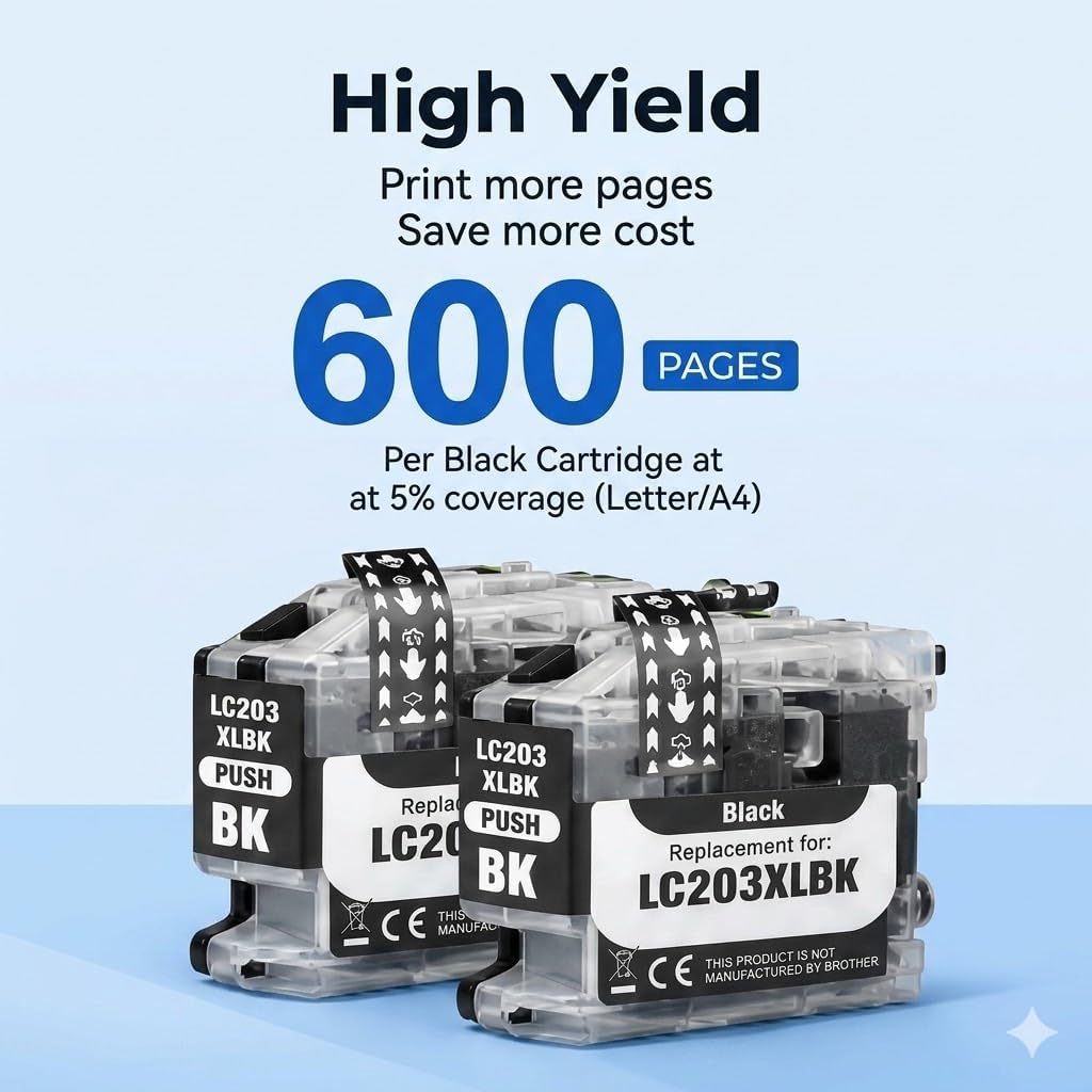 LC203XL LC203 Black Ink Cartridges 2-Pack High Yield Compatible with Brother LC203 LC201 Ink, Replacement for MFC-J480DW MFC-J880DW MFC-J4420DW MFC-J680DW MFC-J885DW MFC-J4320DW MFC-J460DW Printers