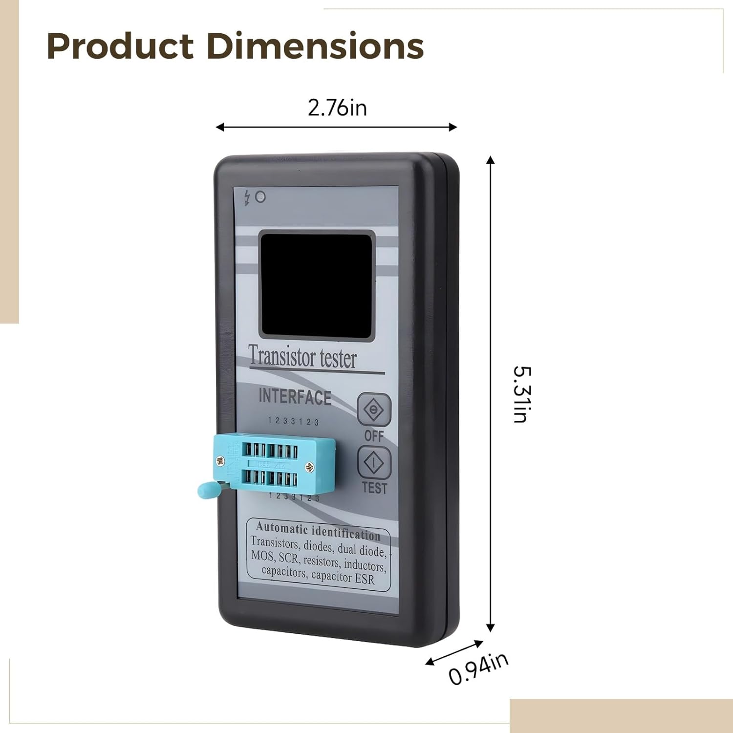 Image showing the physical dimensions of the M328 Transistor and Component Tester with measurements.