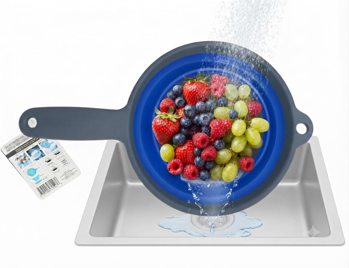 Collapsible Colander with Handle Space Saving Silicone Folding Strainer Blue
