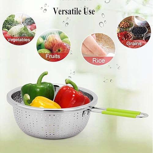 Miniatura 4 de Colador perforado de acero inoxidable con mango largo verde tamiz tamices de uso para cocina, alimentos, pasta, fideos, espagueti, verduras, plata,