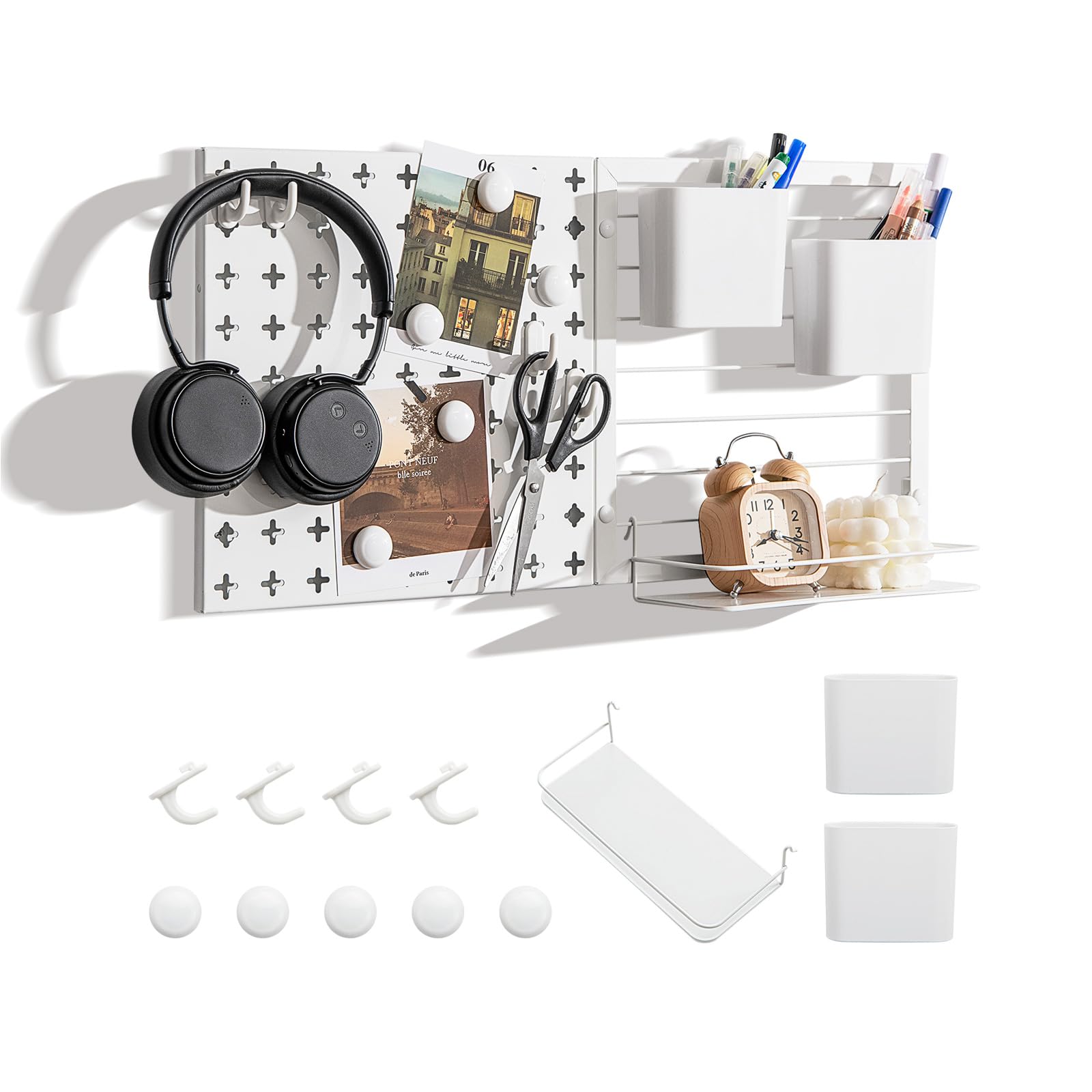 GOPLUS Kit d'Organisation Murale Combinée de Panneaux Perforés, 2 Panneaux Perforés, Aimants, Crochets, Étagères, Récipients, pour Affichage et Rangement, pour le Bureau, la Salle De Bain, Blanc